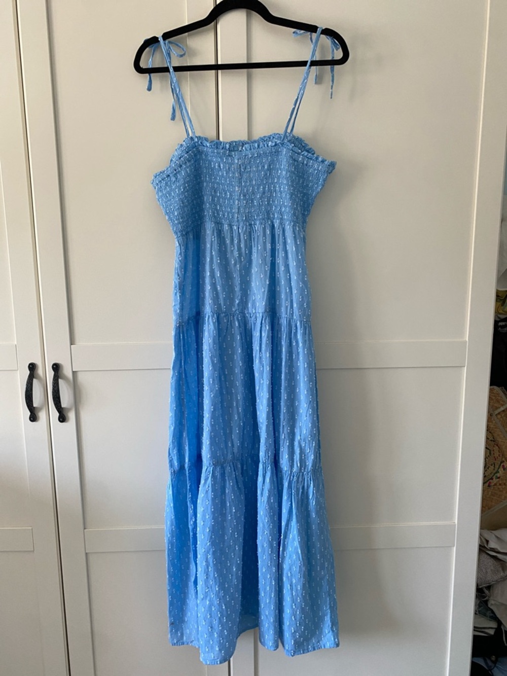 NWT Joe Fresh Light Blue Smocked Tiered Tie-Shoulder Swiss Dot Maxi Dress Size S - Picture 5 of 14